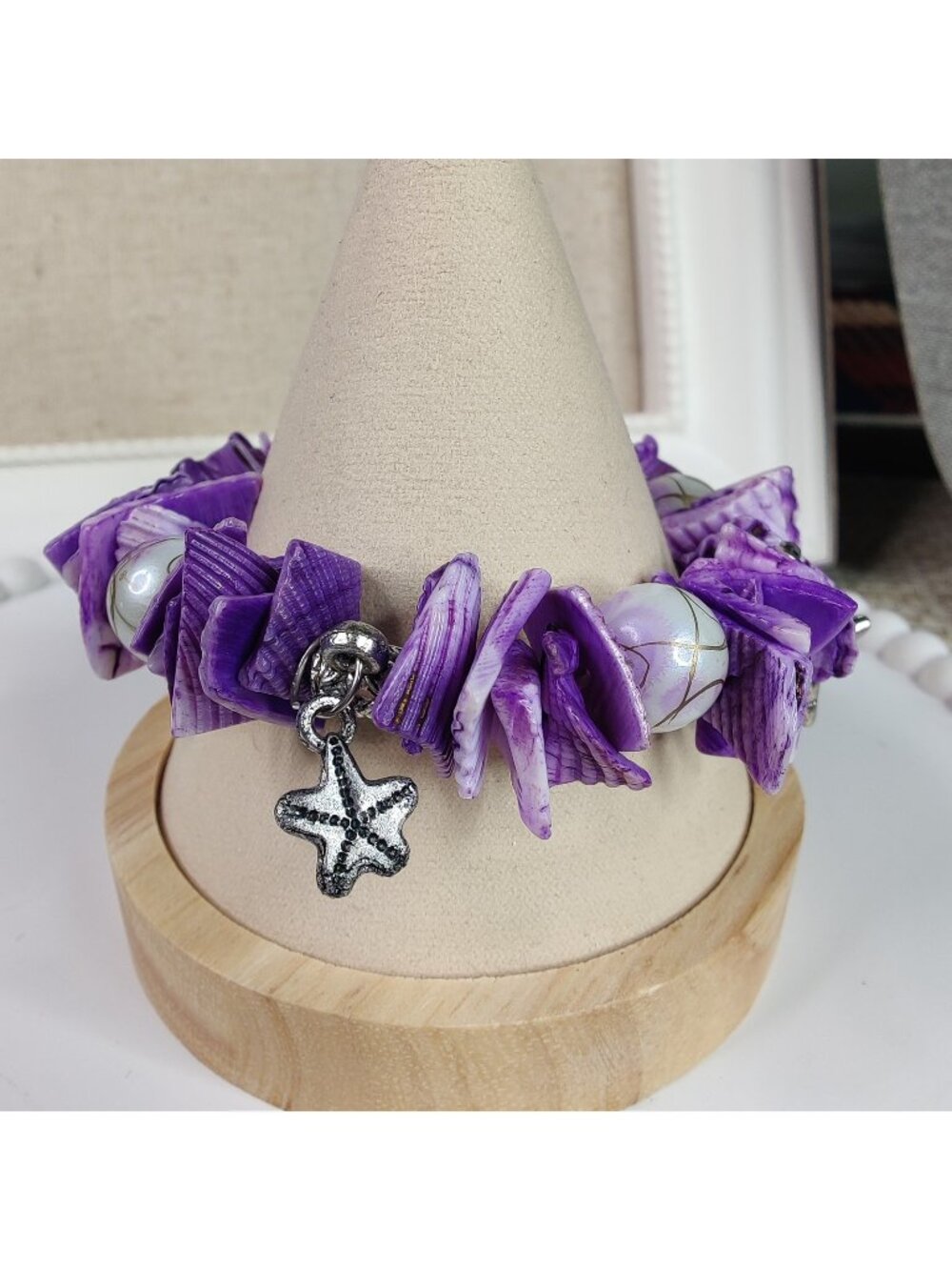 Purple Shell Silver Charm Nautical Beach Vacay Cruise Stretchy Bracelet